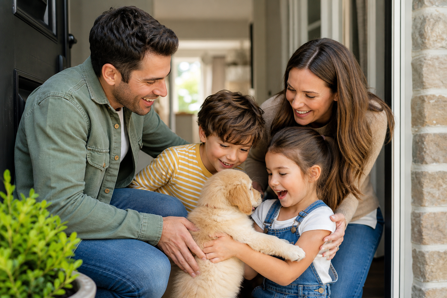 Familia española recibiendo con alegría a su nuevo cachorro en casa